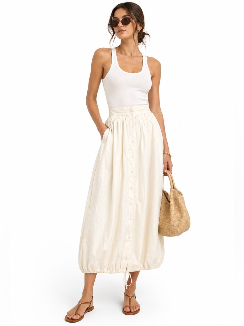 Palmer Harding Cream Pleated Balloon Midi Skirt XS NWT